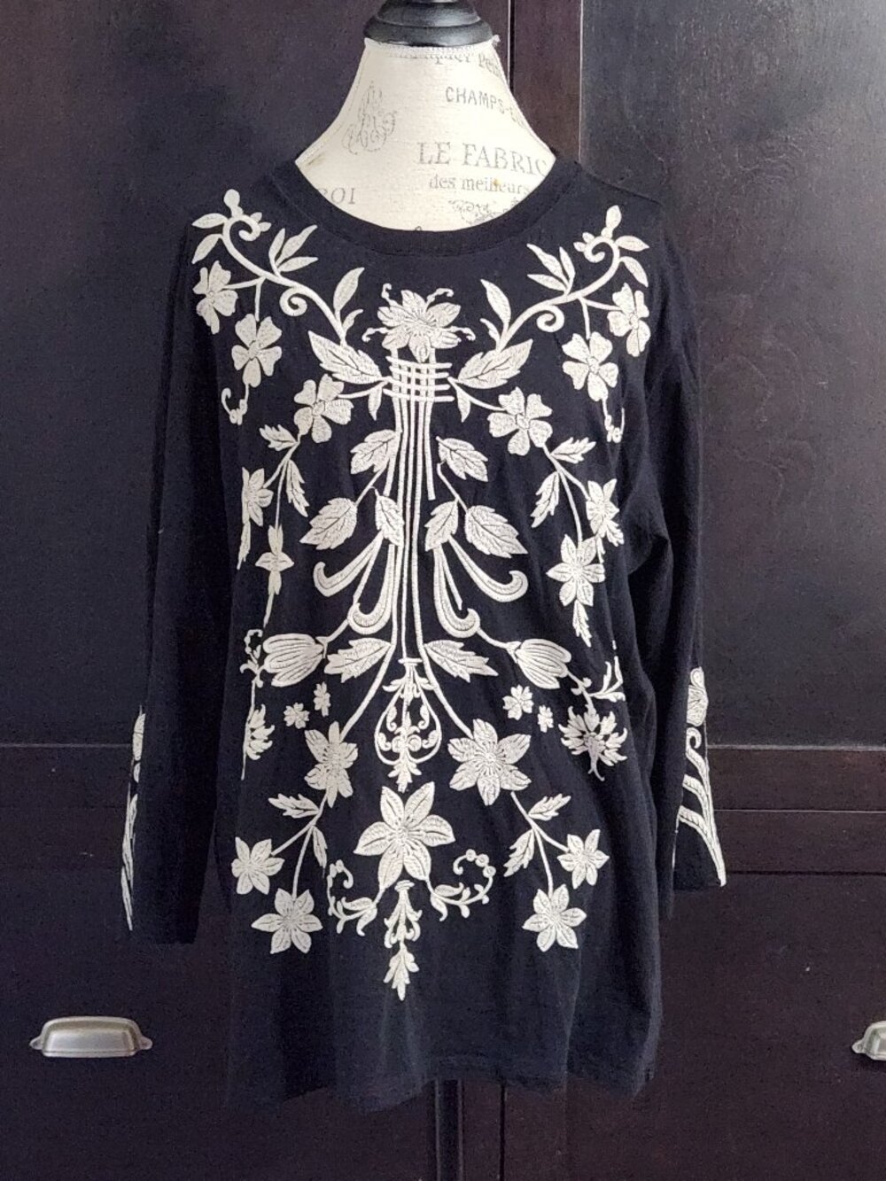 NWT Johnny Was Talithia Black Embroidered 3/4 Sleeve Tee Crew Neck XXL